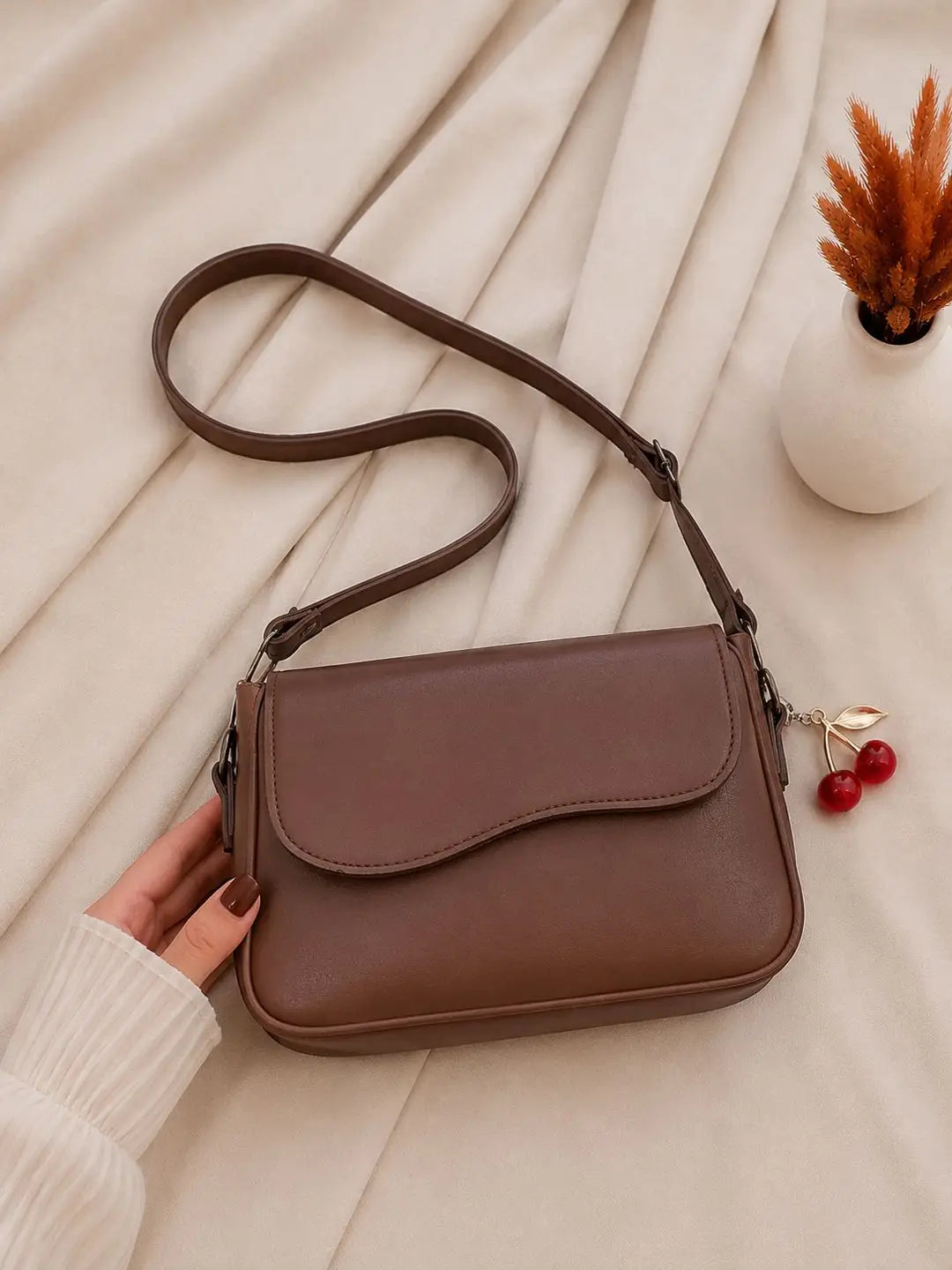 Wavy Flap Cherry Charm Shoulder Bag