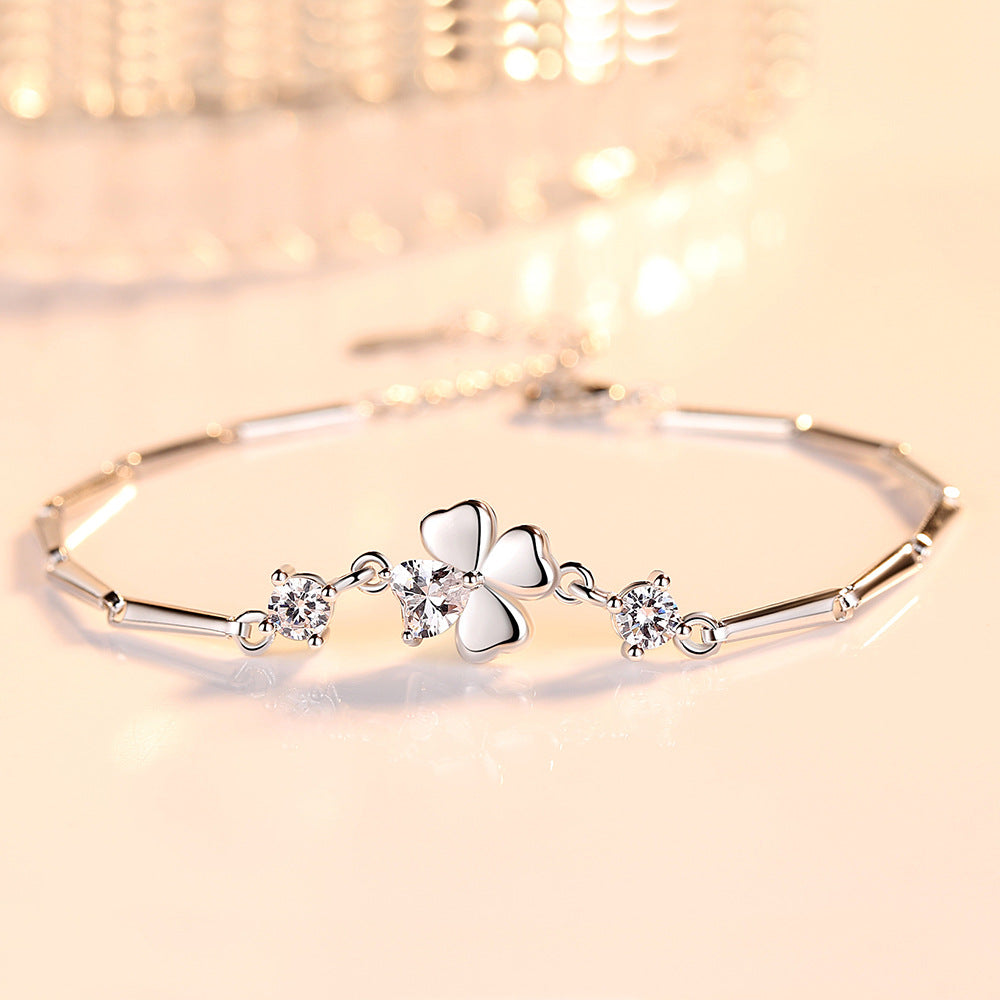 Silver Plated Four Leaf Clover Bracelet | CZ Stones