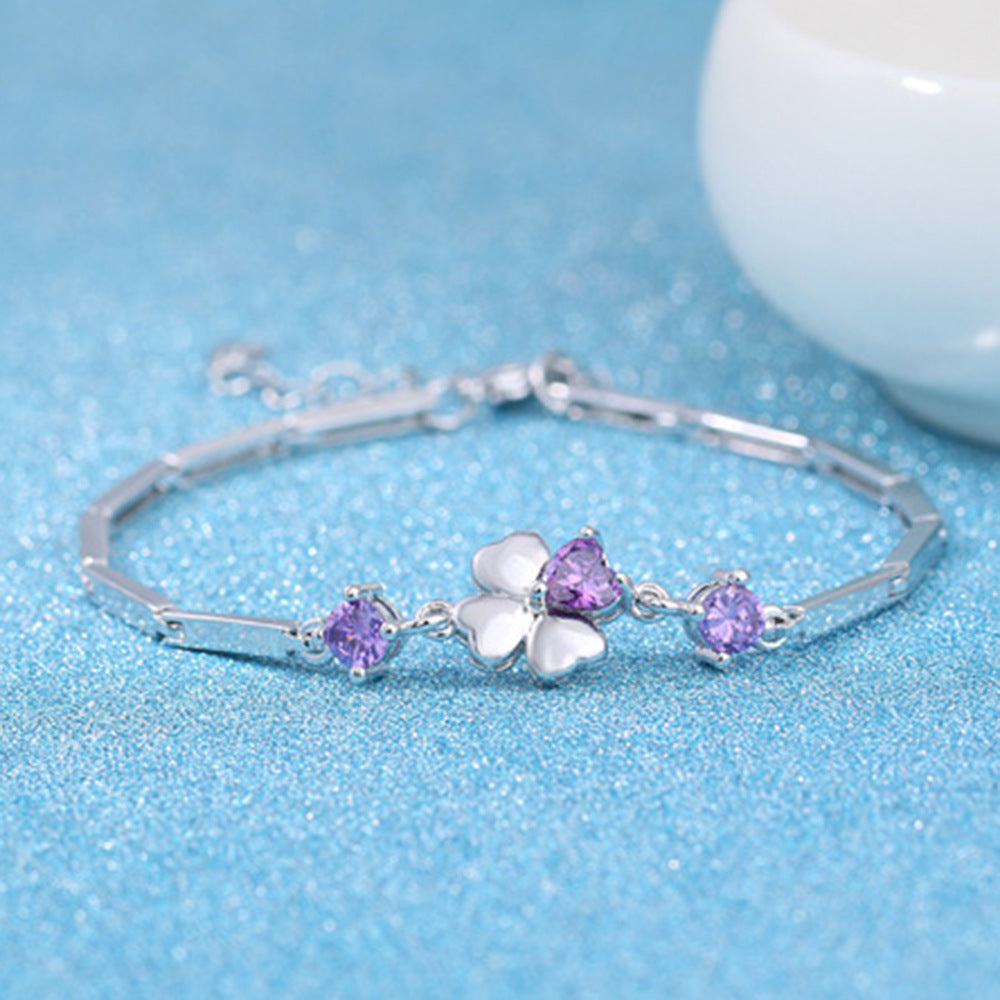 Silver Plated Four Leaf Clover Bracelet | CZ Stones