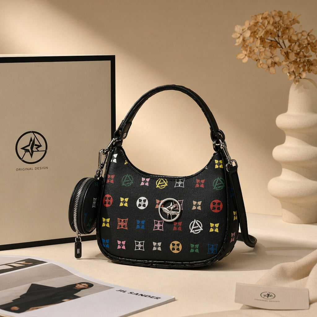 Black Multicolor Monogram Hobo Bag with Mini Pouch – Designer Inspired Shoulder Bag