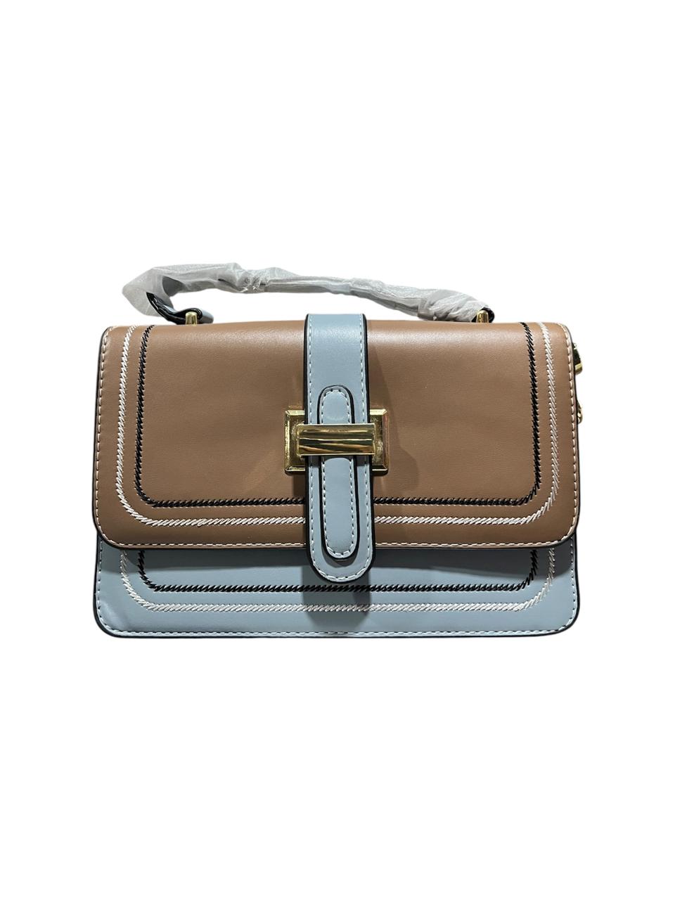 Colorblock Buckle Strap Satchel – Tan & Blue