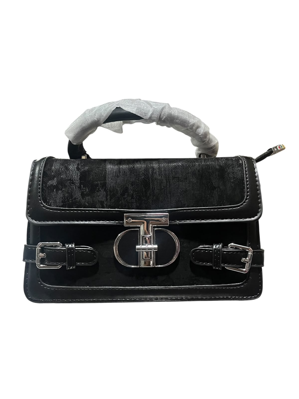 Black Textured Leather Flap Bag | Buckle Design