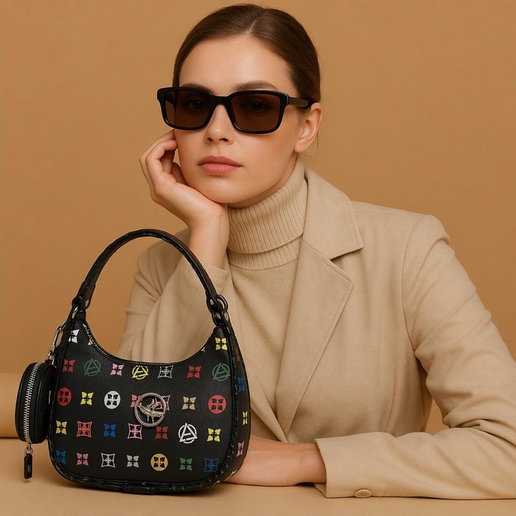 Black Multicolor Monogram Hobo Bag with Mini Pouch – Designer Inspired Shoulder Bag