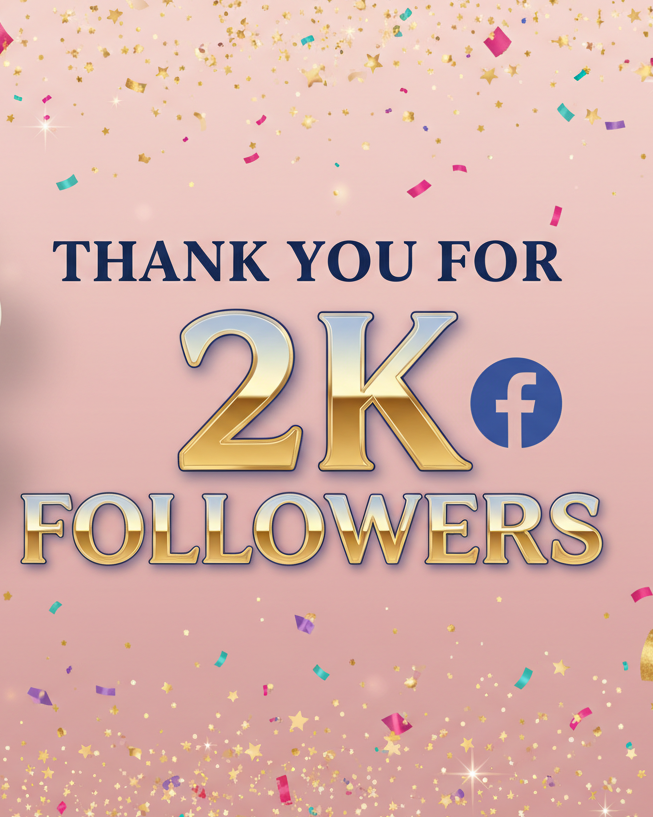A digital graphic celebrating 2K Facebook followers, featuring the text 'THANK YOU FOR 2K FOLLOWERS' in gold and blue lettering on a pink background with falling confetti and stars.