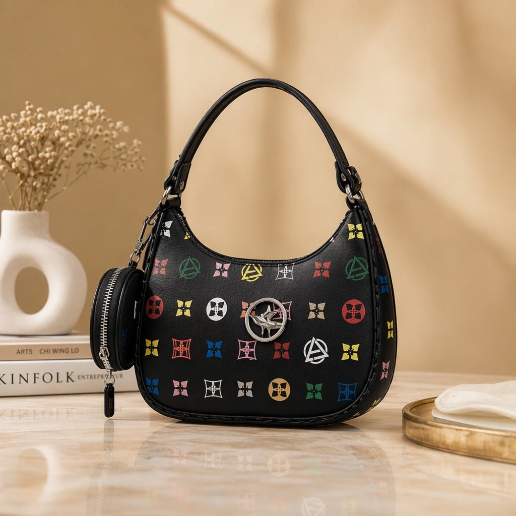 Black Multicolor Monogram Hobo Bag with Mini Pouch – Designer Inspired Shoulder Bag - Aaraasta | Ladies Fashion Pakistan