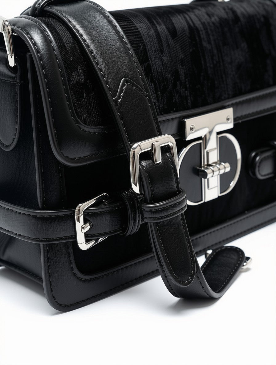 Black Textured Leather Flap Bag | Buckle Design - Aaraasta | Ladies Fashion Pakistan