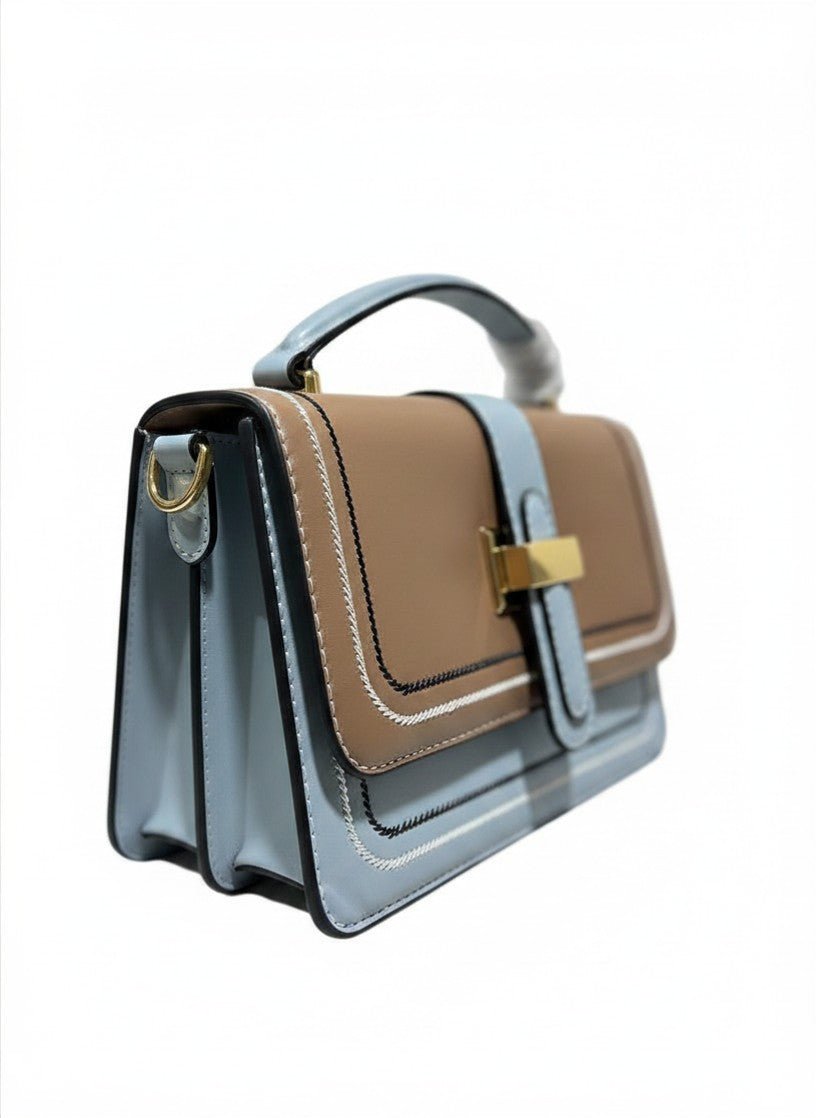 Colorblock Buckle Strap Satchel – Tan & Blue - Aaraasta | Ladies Fashion Pakistan