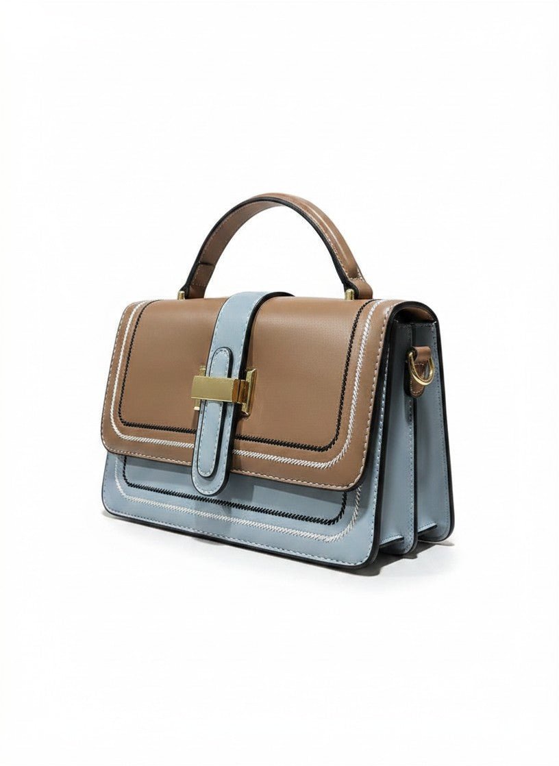 Colorblock Buckle Strap Satchel – Tan & Blue - Aaraasta | Ladies Fashion Pakistan