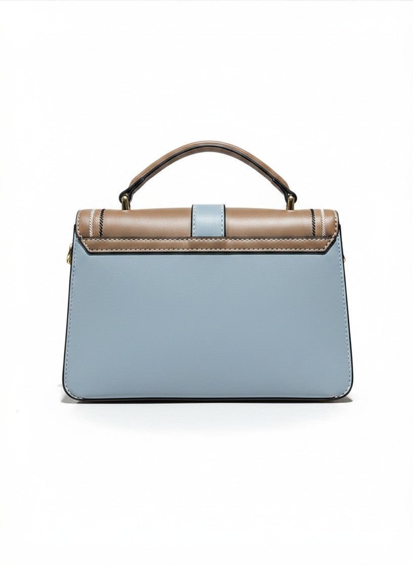 Colorblock Buckle Strap Satchel – Tan & Blue - Aaraasta | Ladies Fashion Pakistan