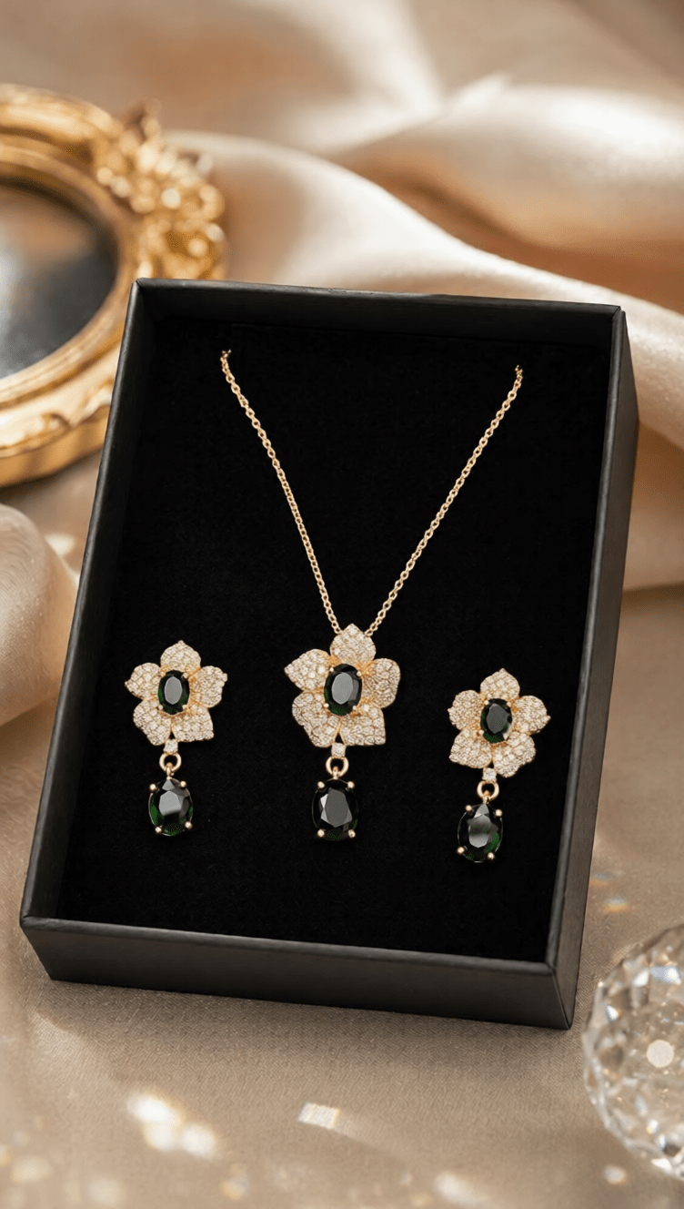 Emerald Blossom Gold Necklace & Earrings Set - Aaraasta | Ladies Fashion Pakistan