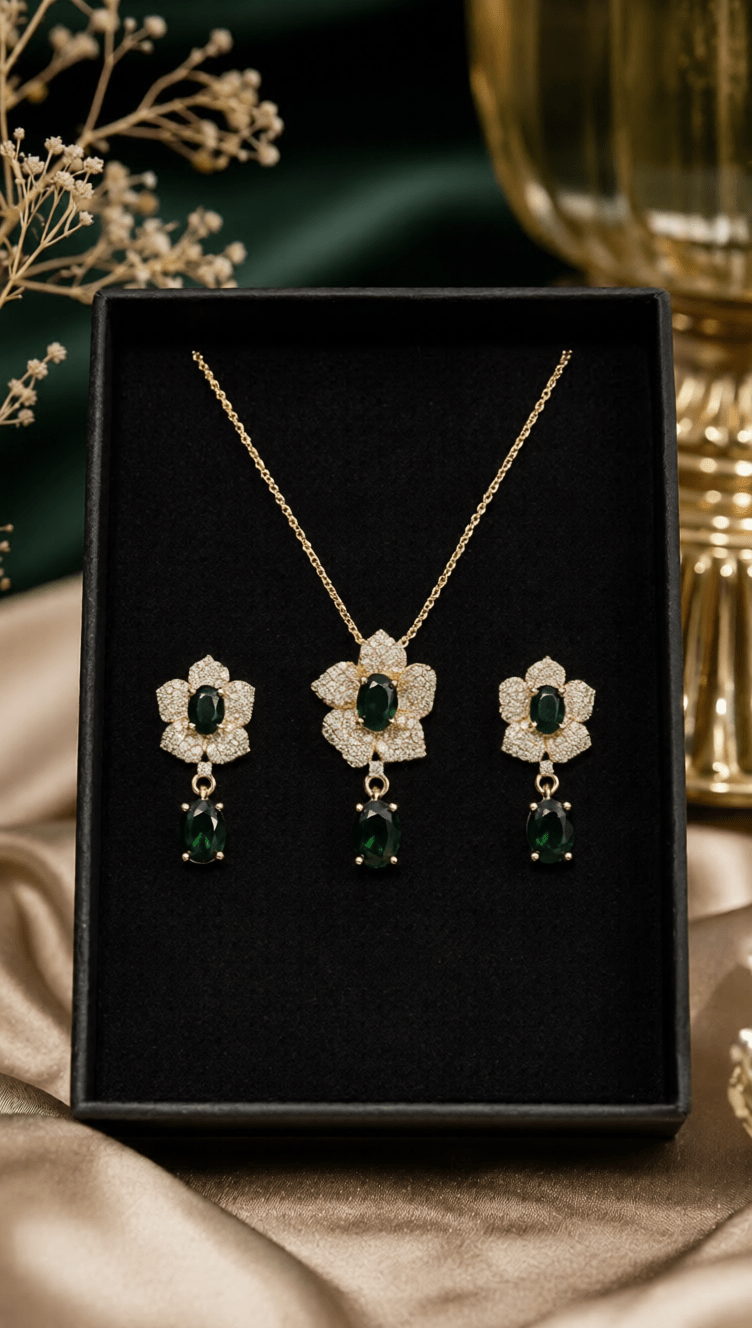 Emerald Blossom Gold Necklace & Earrings Set - Aaraasta | Ladies Fashion Pakistan