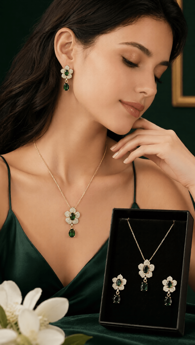 Emerald Blossom Gold Necklace & Earrings Set - Aaraasta | Ladies Fashion Pakistan