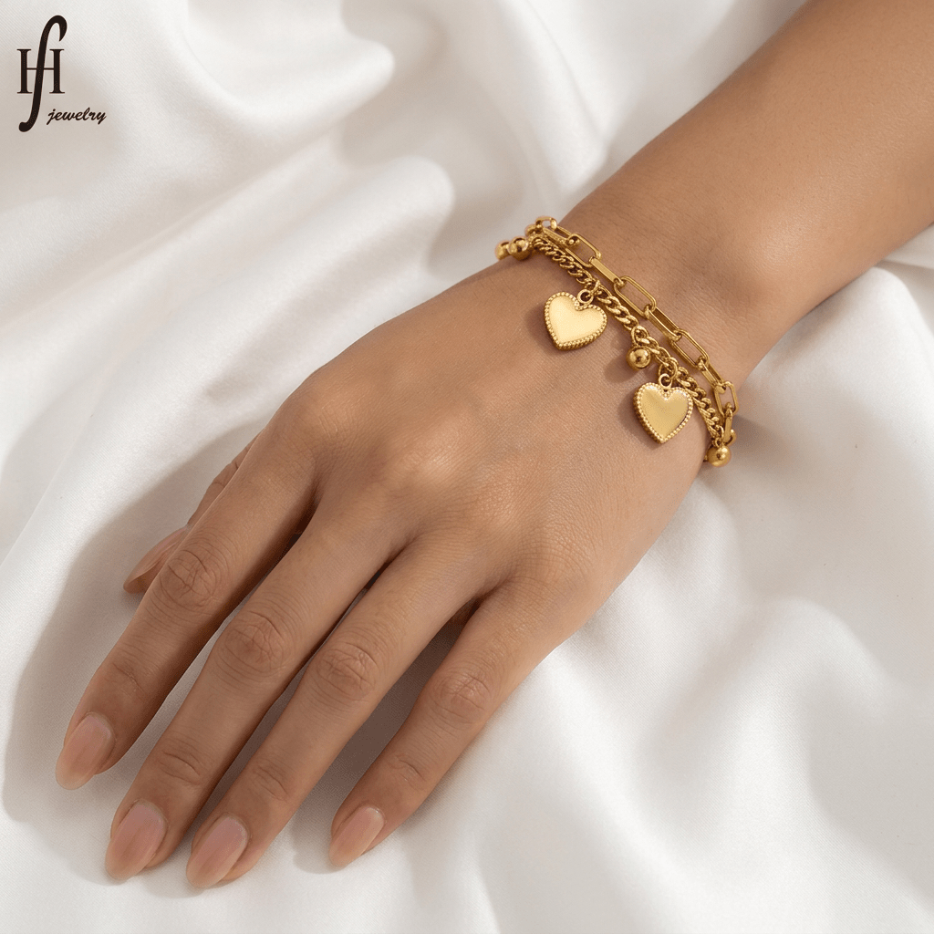 Heart Charm Layered Chain Bracelet | Gold & Silver - Aaraasta | Ladies Fashion Pakistan