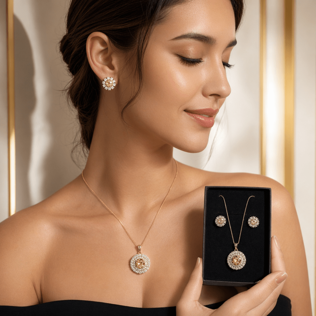 Luxury Pendant Necklace Set with Zircon Stone Earrings for Women - Aaraasta | Ladies Fashion Pakistan