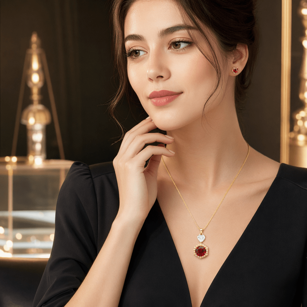 Luxury Red Ruby Heart Pendant Necklace & Earrings Set for Women - Aaraasta | Ladies Fashion Pakistan