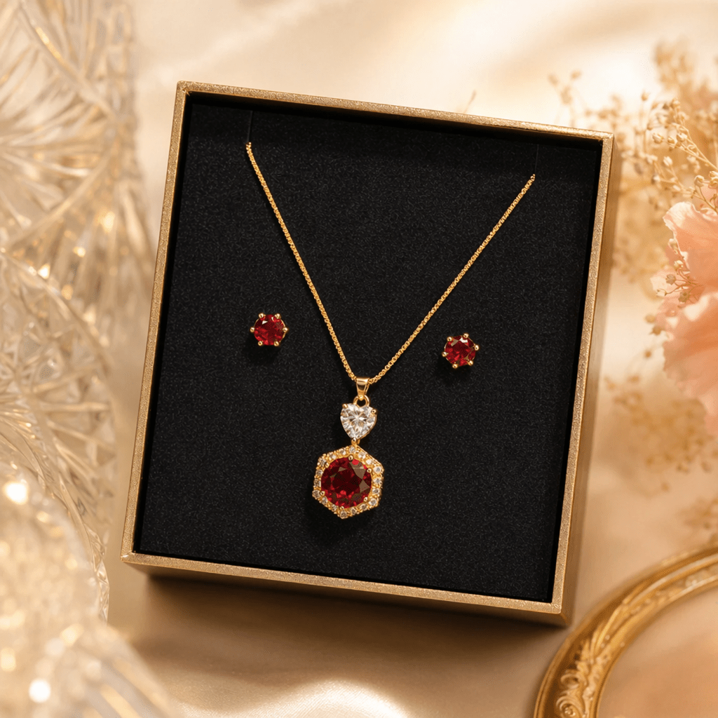 Luxury Red Ruby Heart Pendant Necklace & Earrings Set for Women - Aaraasta | Ladies Fashion Pakistan