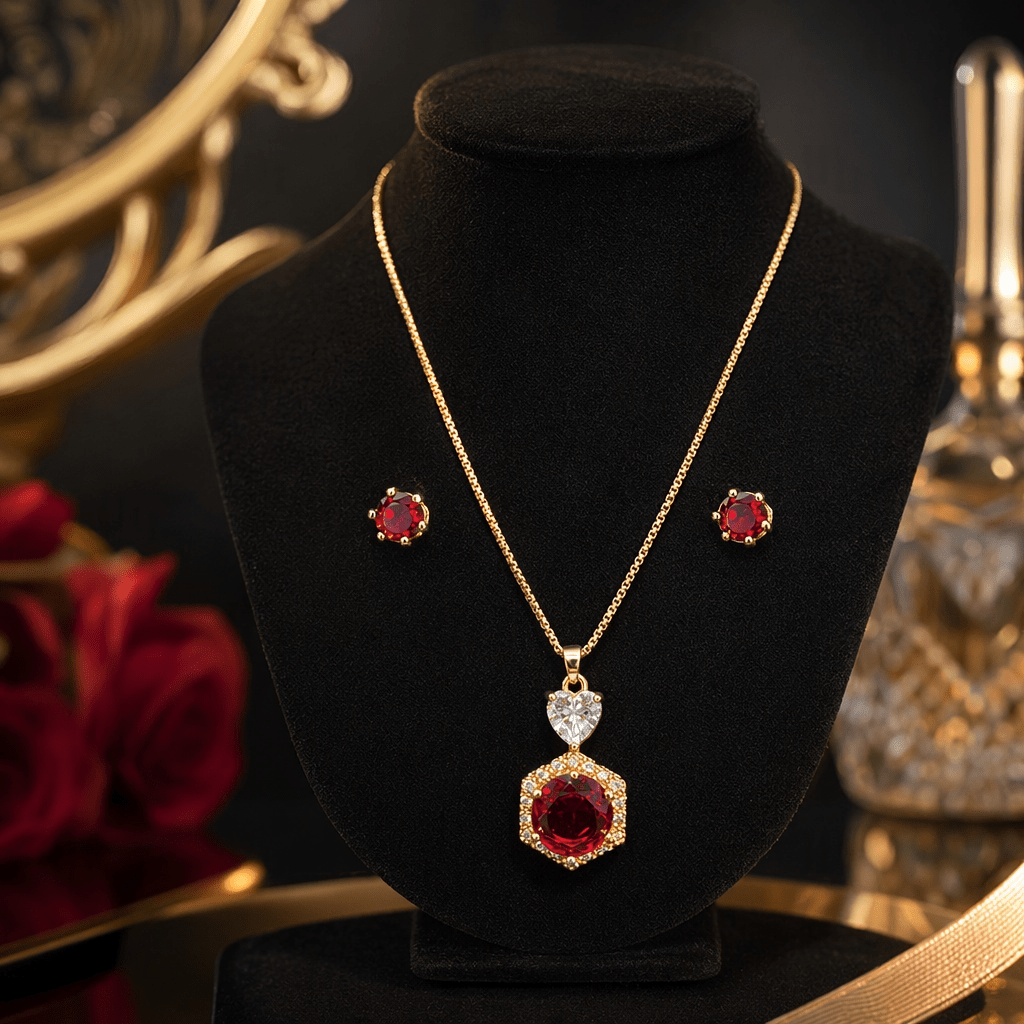 Luxury Red Ruby Heart Pendant Necklace & Earrings Set for Women - Aaraasta | Ladies Fashion Pakistan