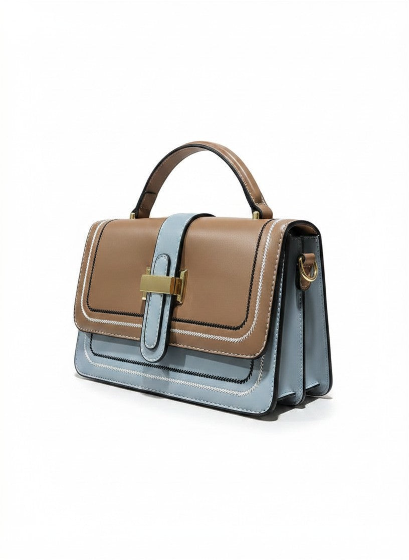 Colorblock Buckle Strap Satchel – Tan & Blue