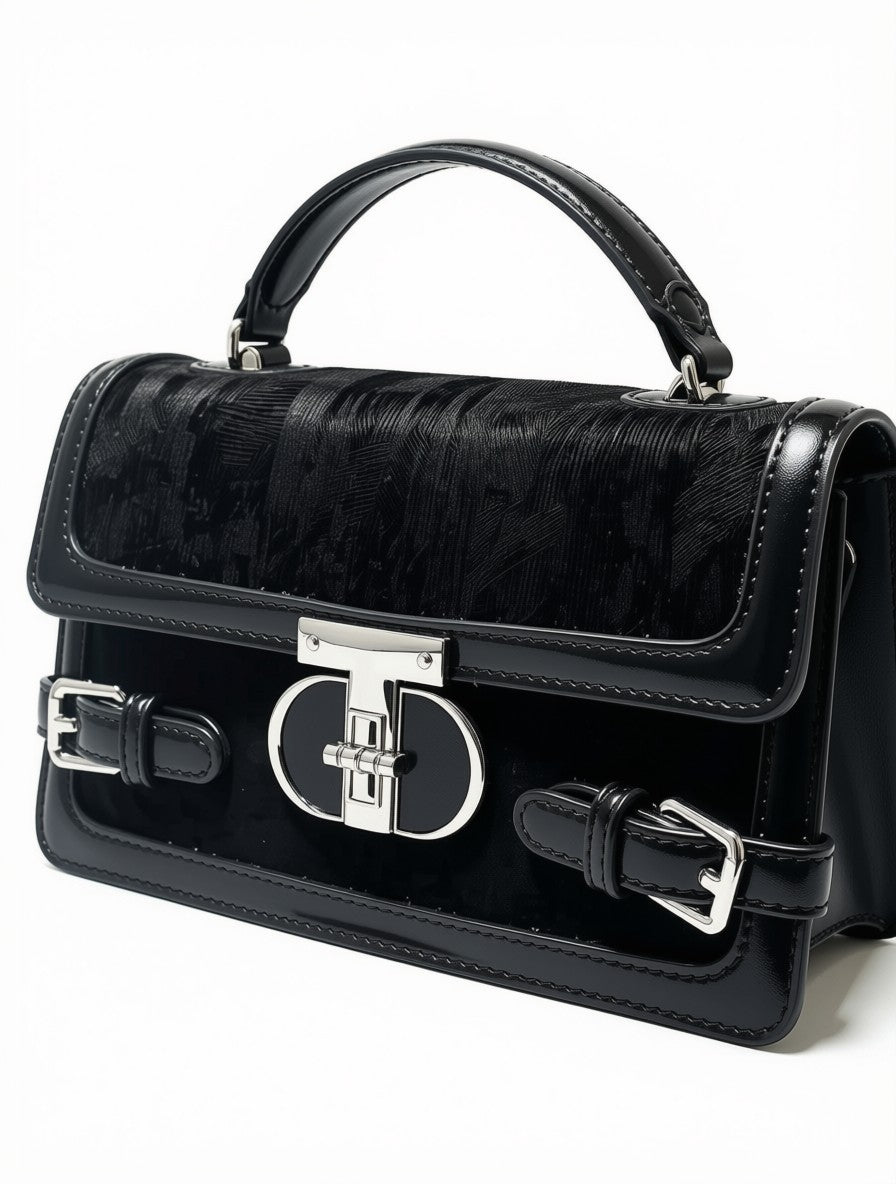 Black Textured Leather Flap Bag | Buckle Design