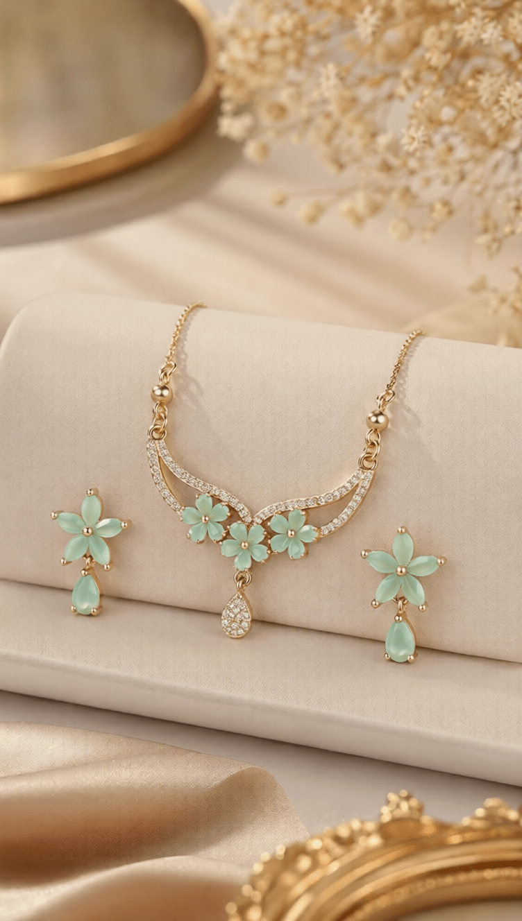 Mint Floral Elegance Necklace & Earrings Set - Aaraasta | Ladies Fashion Pakistan