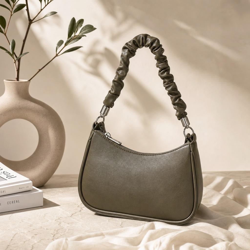 Olive Green Quilted Shoulder Bag with Scrunchie Handle & Chain Strap - Aaraasta | Ladies Fashion Pakistan