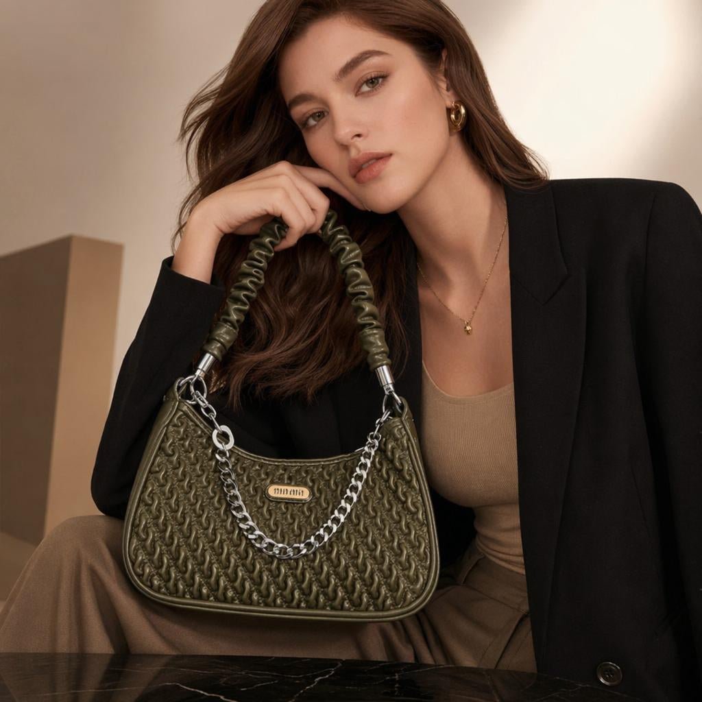 Olive Green Quilted Shoulder Bag with Scrunchie Handle & Chain Strap - Aaraasta | Ladies Fashion Pakistan