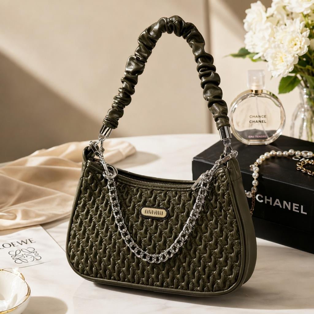 Olive Green Quilted Shoulder Bag with Scrunchie Handle & Chain Strap - Aaraasta | Ladies Fashion Pakistan