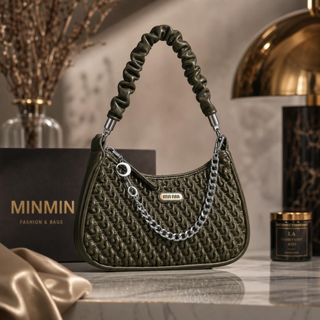 Olive Green Quilted Shoulder Bag with Scrunchie Handle & Chain Strap - Aaraasta | Ladies Fashion Pakistan