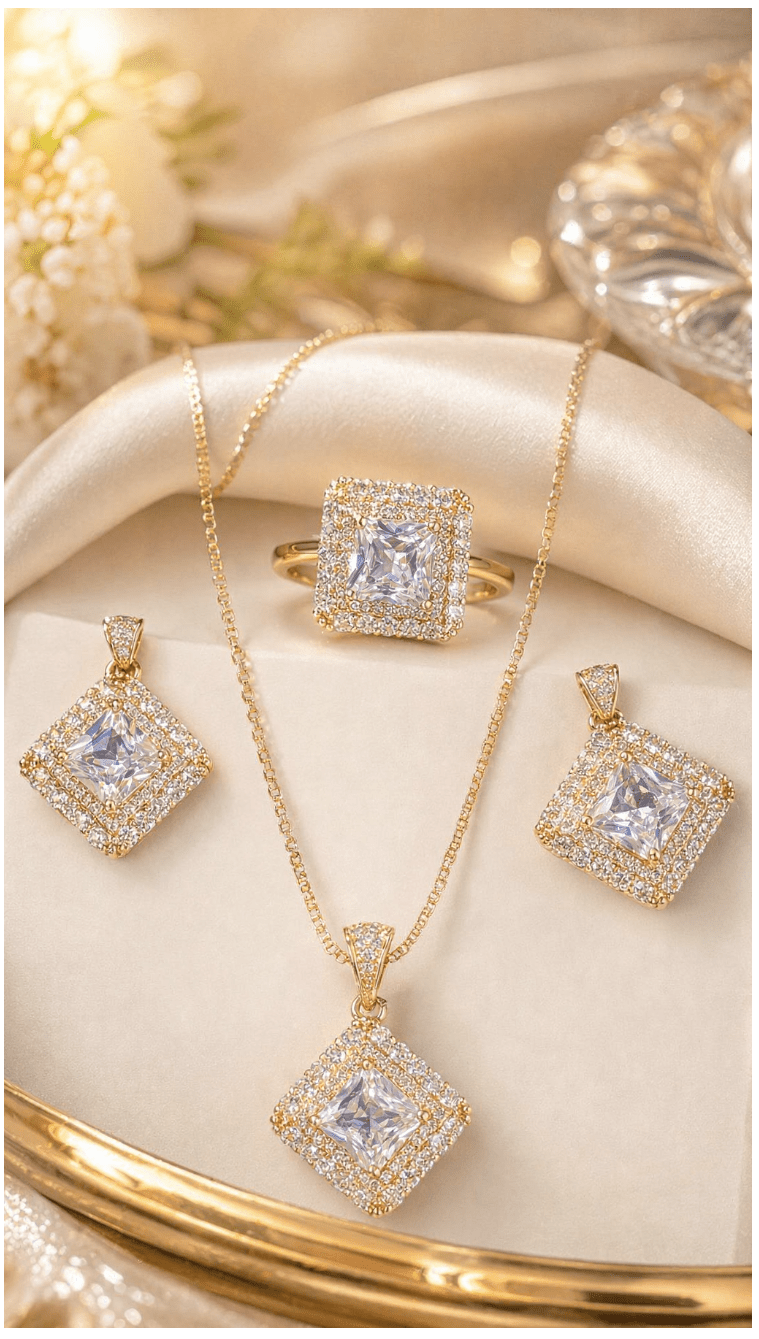 Royal Diamond Square Jewellery Set – Necklace, Earrings & Ring - Aaraasta | Ladies Fashion Pakistan