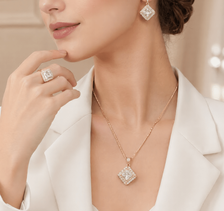 Royal Diamond Square Jewellery Set – Necklace, Earrings & Ring - Aaraasta | Ladies Fashion Pakistan