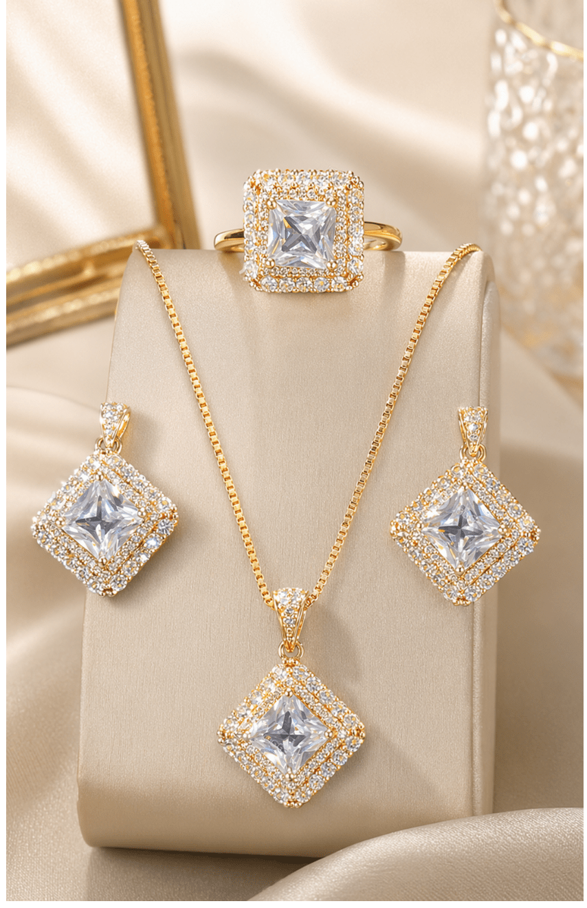Royal Diamond Square Jewellery Set – Necklace, Earrings & Ring - Aaraasta | Ladies Fashion Pakistan