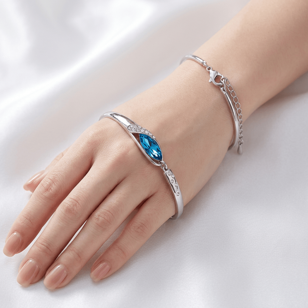 Silver Bangle Bracelet with Blue Crystal Stone - Aaraasta | Ladies Fashion Pakistan