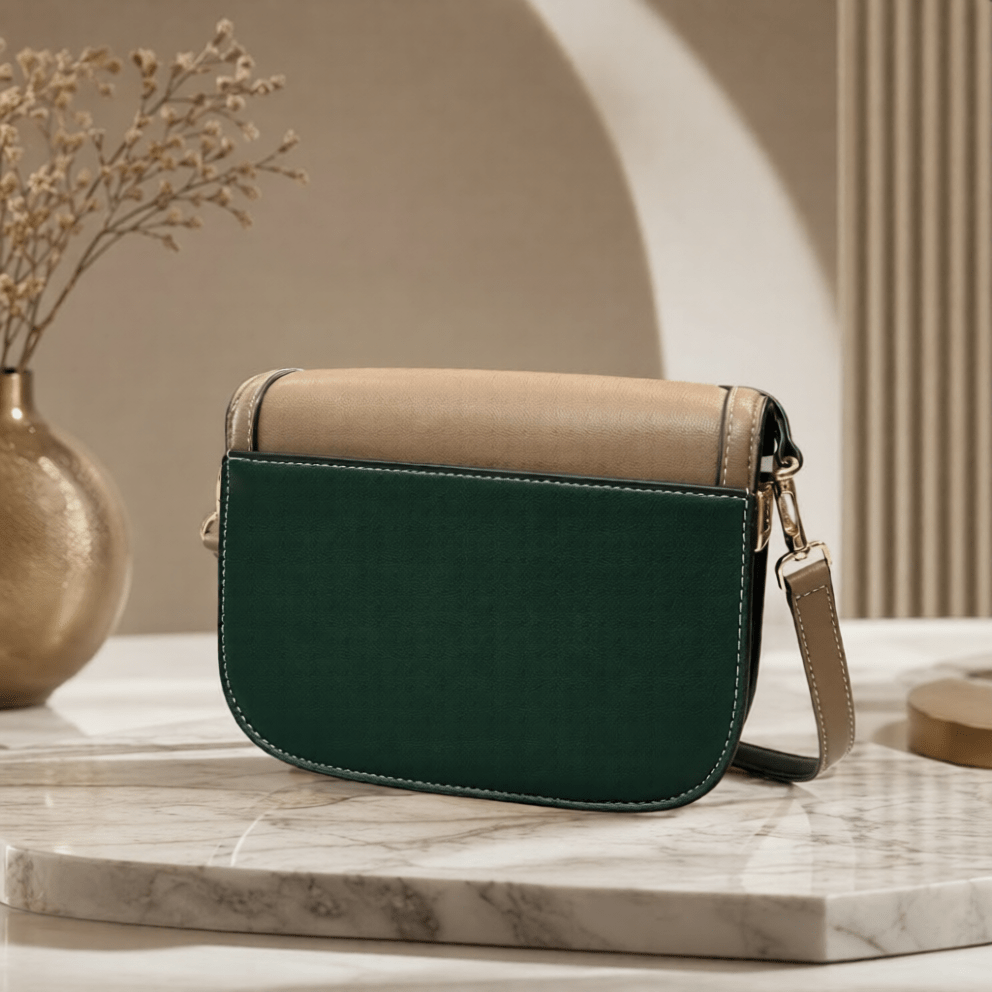 Two-Tone Horsebit Crossbody Bag | Green & Beige Women's Shoulder Bag - Aaraasta | Ladies Fashion Pakistan