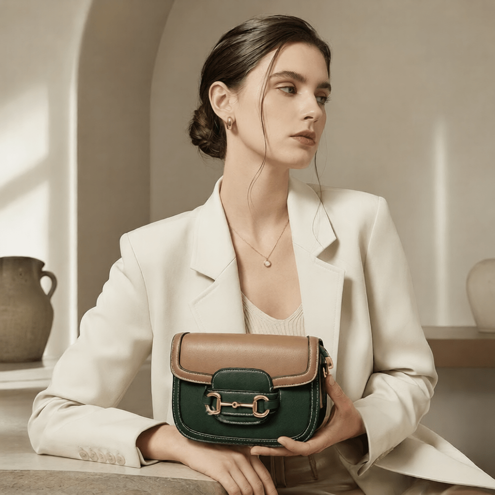 Two-Tone Horsebit Crossbody Bag | Green & Beige Women's Shoulder Bag - Aaraasta | Ladies Fashion Pakistan