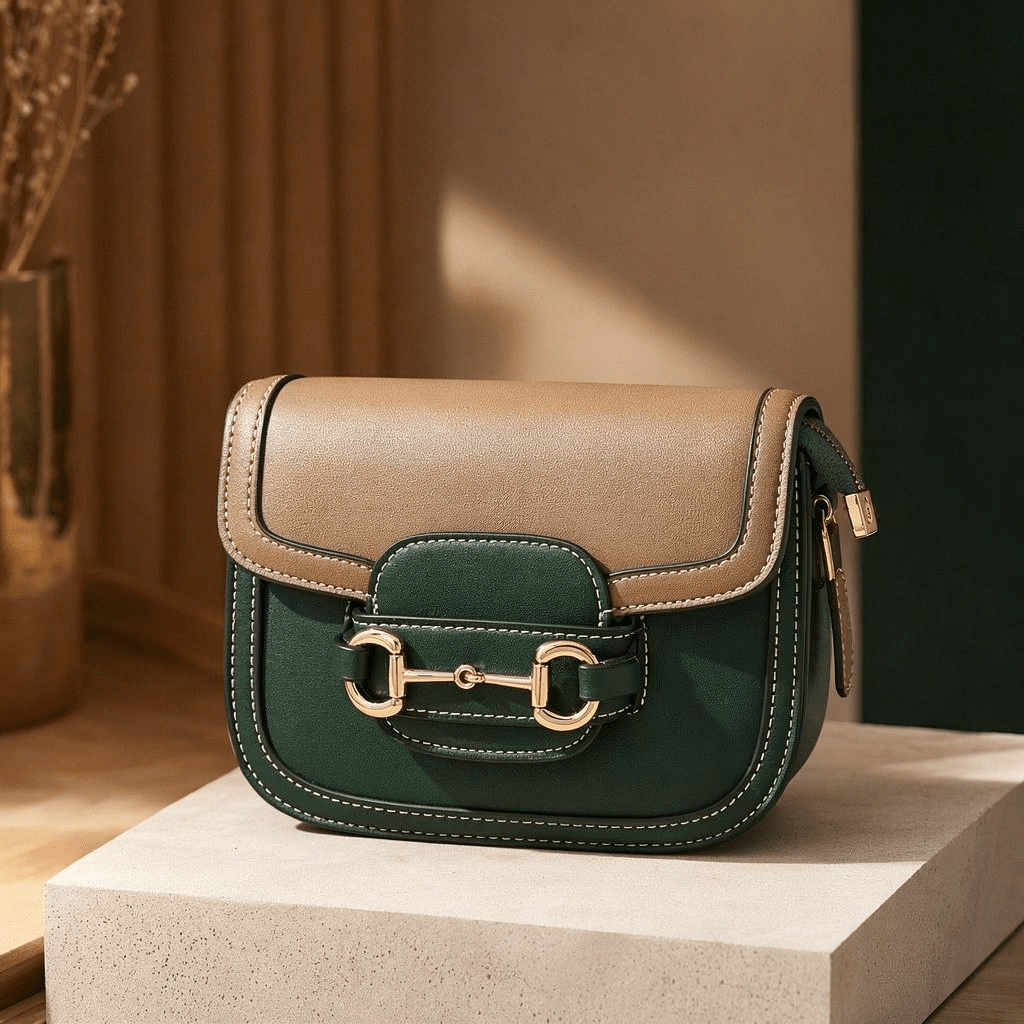 Two-Tone Horsebit Crossbody Bag | Green & Beige Women's Shoulder Bag - Aaraasta | Ladies Fashion Pakistan