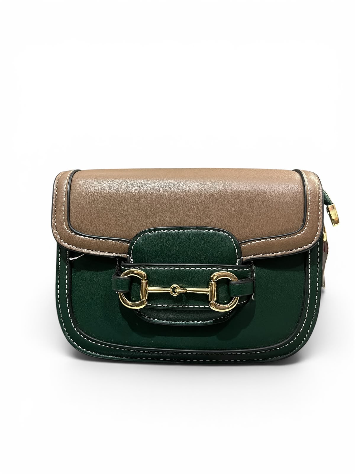 Two-Tone Horsebit Crossbody Bag | Green & Beige Women's Shoulder Bag - Aaraasta | Ladies Fashion Pakistan