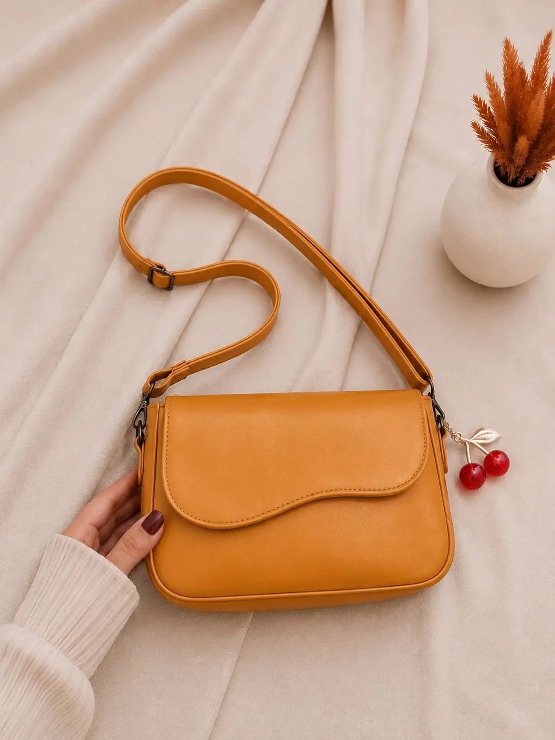 Wavy Flap Cherry Charm Shoulder Bag - Aaraasta | Ladies Fashion Pakistan