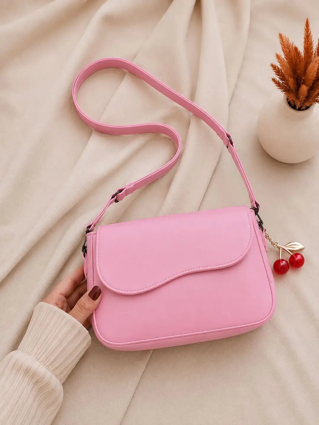 Wavy Flap Cherry Charm Shoulder Bag - Aaraasta | Ladies Fashion Pakistan